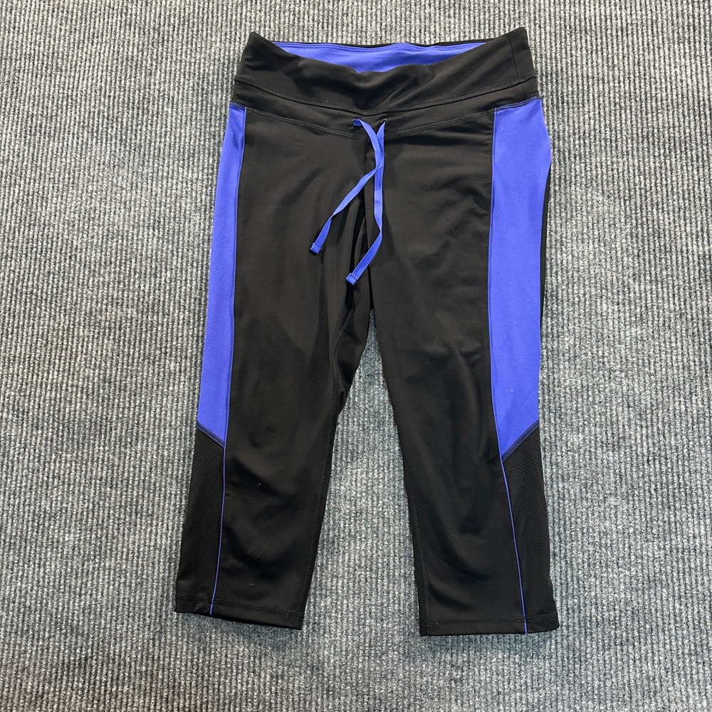 Old Navy Women Active Capri Leggings L Black Purple Mesh Drawstring Workout